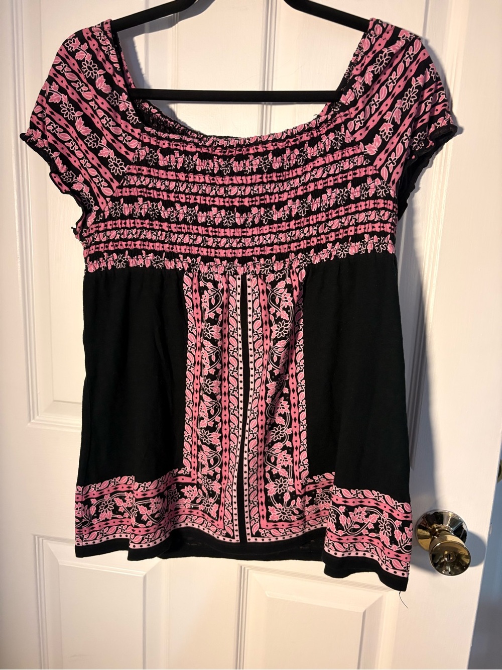 INC Black & Pink Floral Smocked Short Sleeve Women's Top